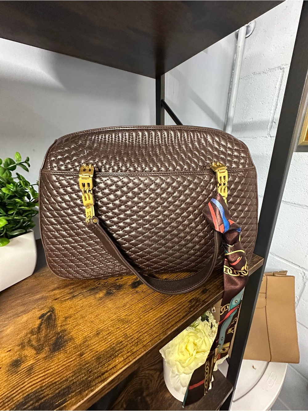 Bally Brown Quilted Satchel with Gold Hardware and Scarf Accent